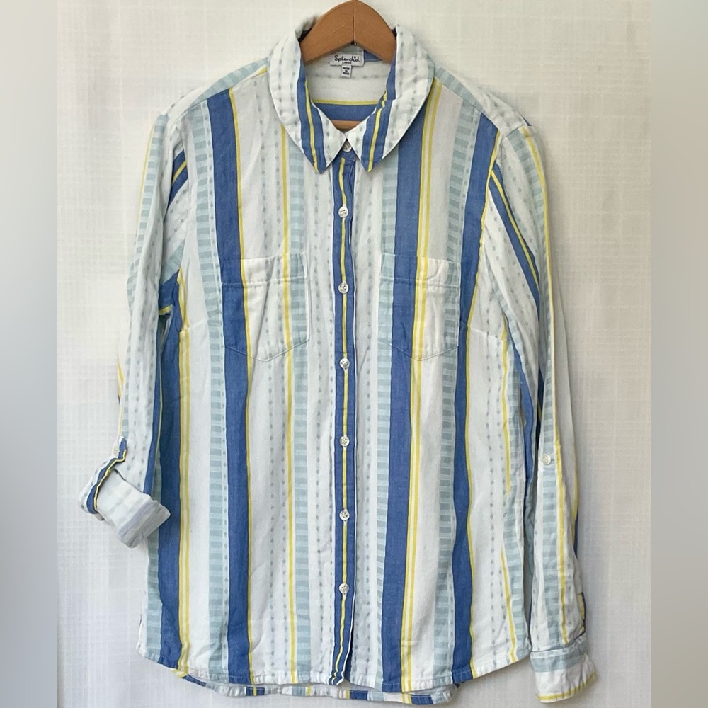 š±Splendid Blue and Yellow Button Down Shirt 100% cotton - Picture 1 of 7